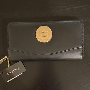 bebe Black Wallet with Gold Medallion NWT